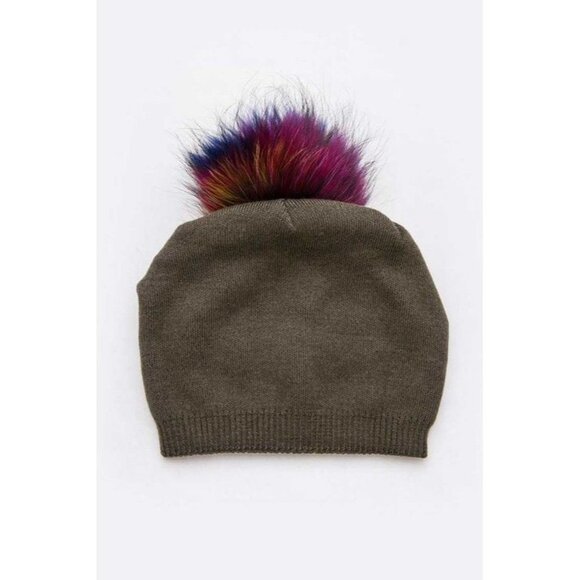 Mix Raccoon Fur Pom Cashmere Slouchy Beanie- Navy main image 3